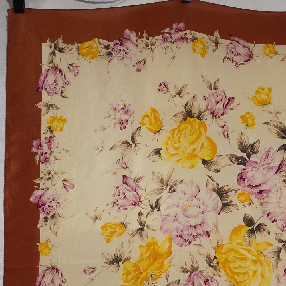 Vintage Peyton Place Floral Silk Scarf in Rust, Cream & Yellow - Picture 4 of 12